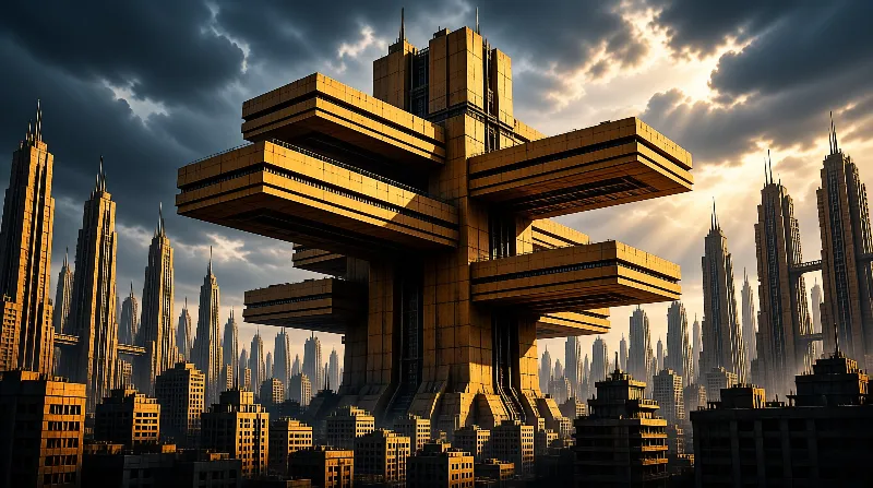A colossal cross shaped tower rises over dense golden skyscrapers beneath a stormy sunset sky.