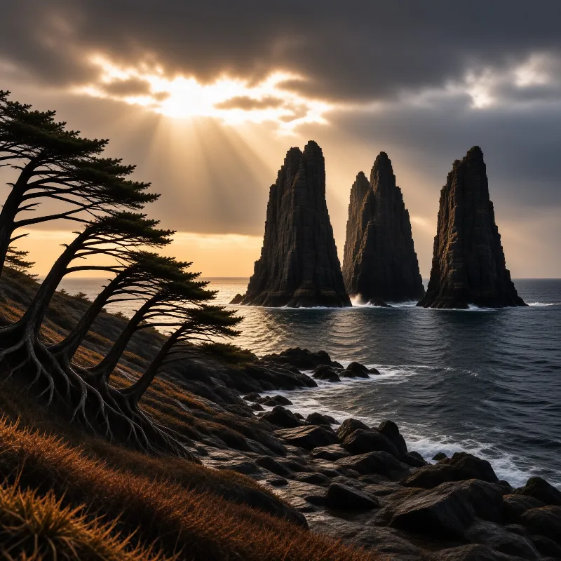 Silhouetted sea stacks rise from the ocean while sunbeams shine through clouds over a rocky shore.