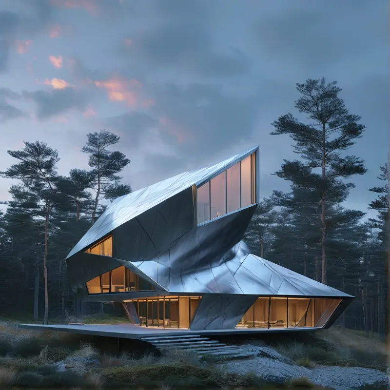 A sculptural metallic structure glows warmly from within while surrounded by tall pine trees and a moody blue sky.