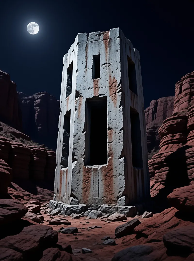 A tall weathered stone tower with dark openings stands in a red rocky desert under a bright full moon in a dark night sky.