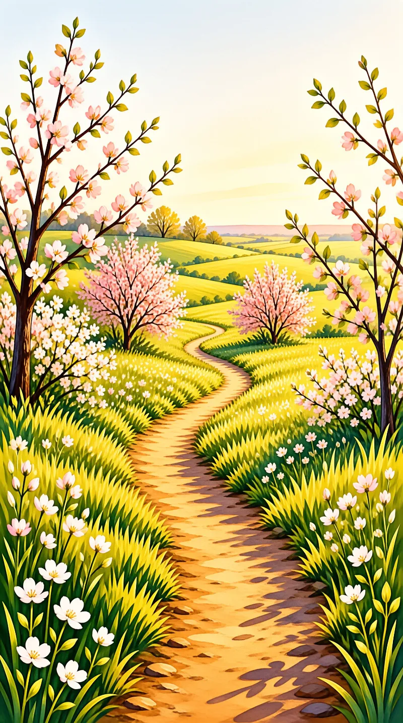 A dirt trail curves gently through a bright meadow filled with blooming pink trees and green grass under a soft sunrise sky.