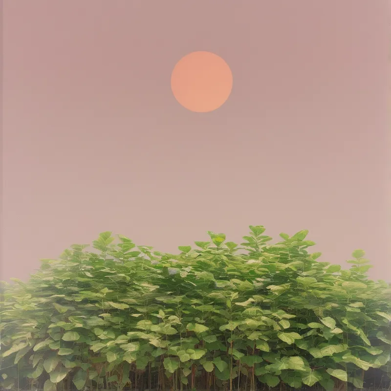 Leafy green plants fill the foreground beneath a vast lavender sky containing a single pale orange sun.