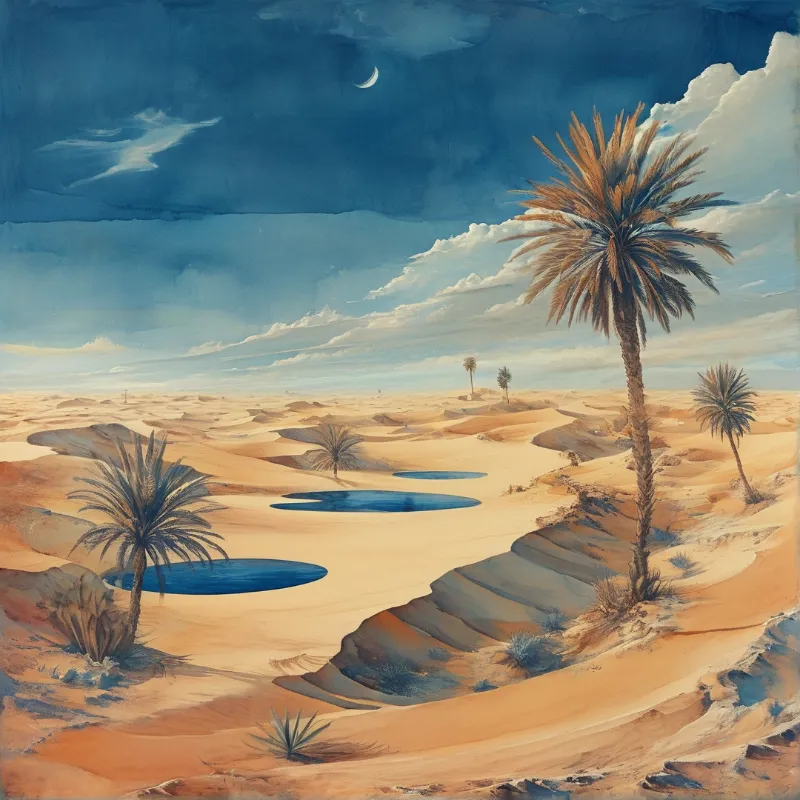 Painting of sand dunes dotted with date palms and blue oasis pools under a dark blue night sky with a crescent moon.