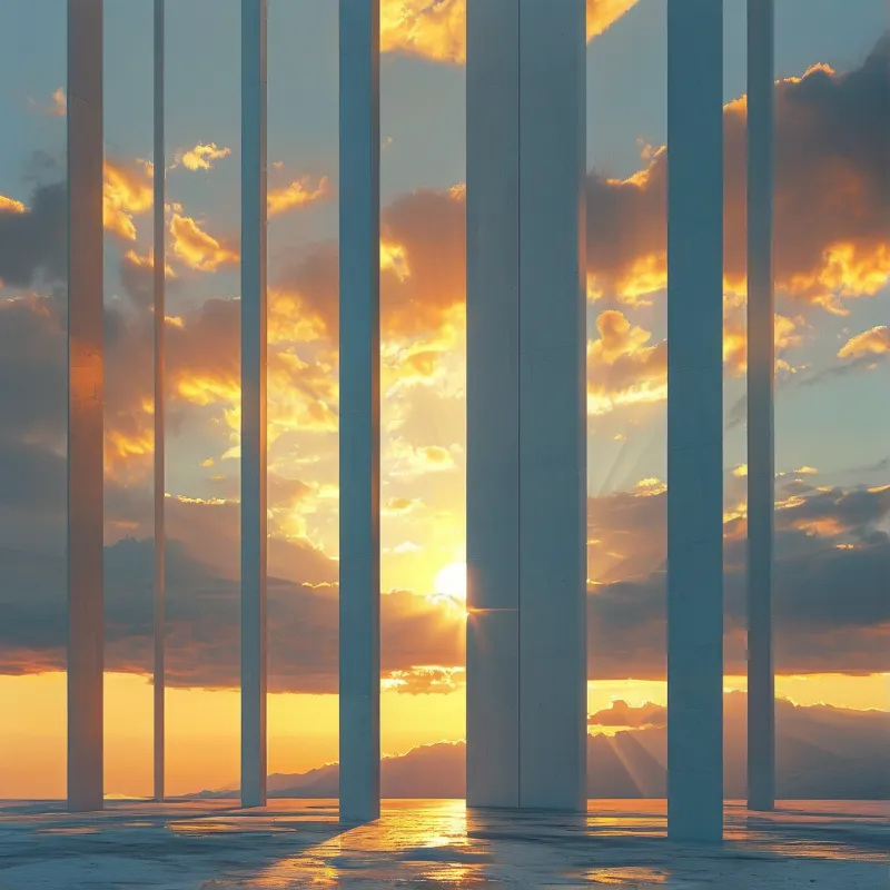 Tall white columns stand against a sunset sky with sunbeams piercing clouds and reflecting on wet ground.