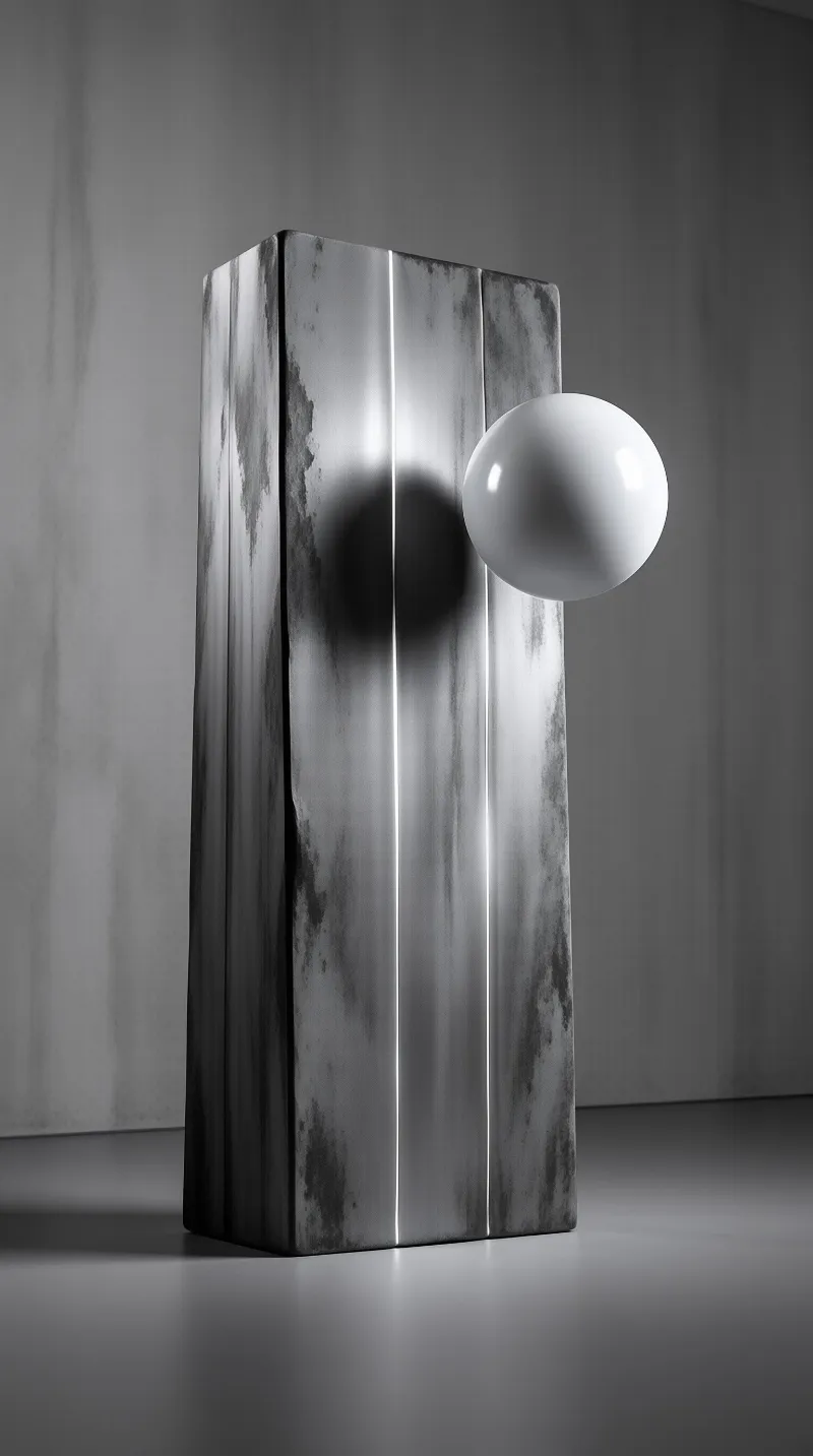 A tall concrete pillar with a textured surface stands next to a smooth white sphere in a grey room.
