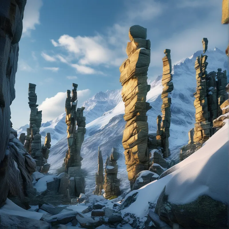 Warm light glows on layered stone spires rising from a snow filled valley with snow capped mountain peaks under a partly cloudy blue sky.