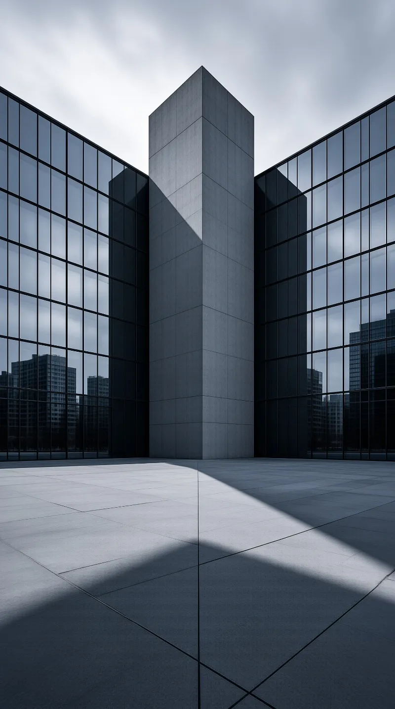 A concrete pillar stands between curved glass walls reflecting the sky while sunlight casts shadows across paved plaza.