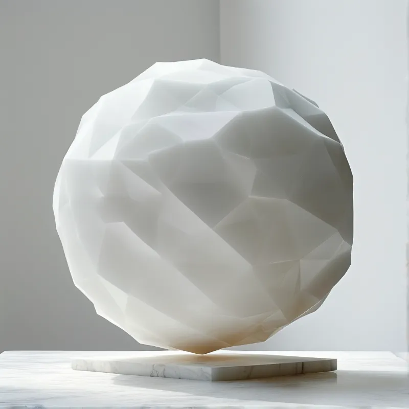 A large white faceted object rests on a square marble slab within a bright minimalist room.