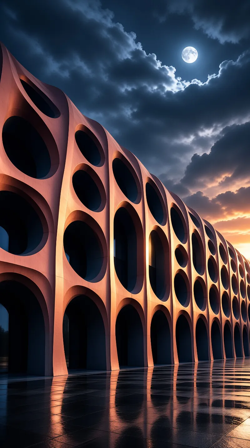 Sculptural terracotta building wall with rounded openings, lit at dusk beneath a bright full moon
