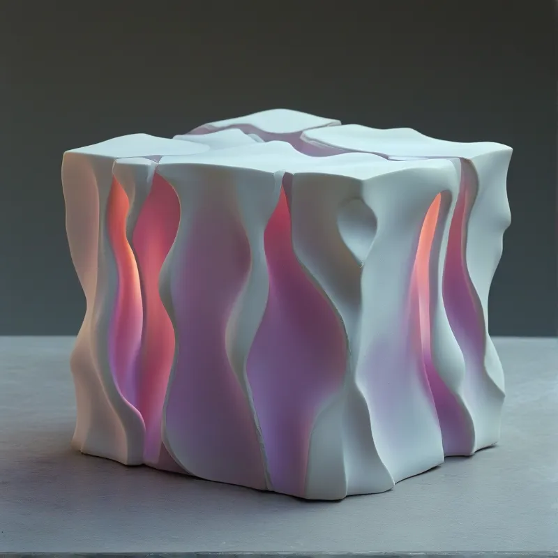 A white undulating block on a grey surface features vertical channels emitting a soft pink and purple internal glow.