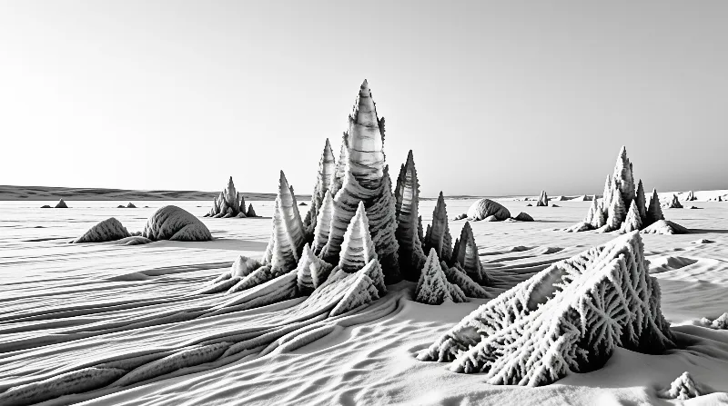 Layered conical rock formations rise from wind-rippled white sand under a bright featureless sky.