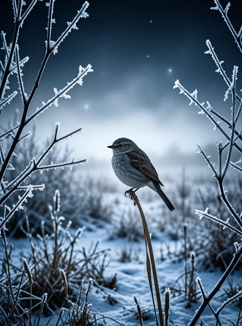 A bird rests on a dry stem amidst snow-covered ground and frosted twigs in the cold blue light.