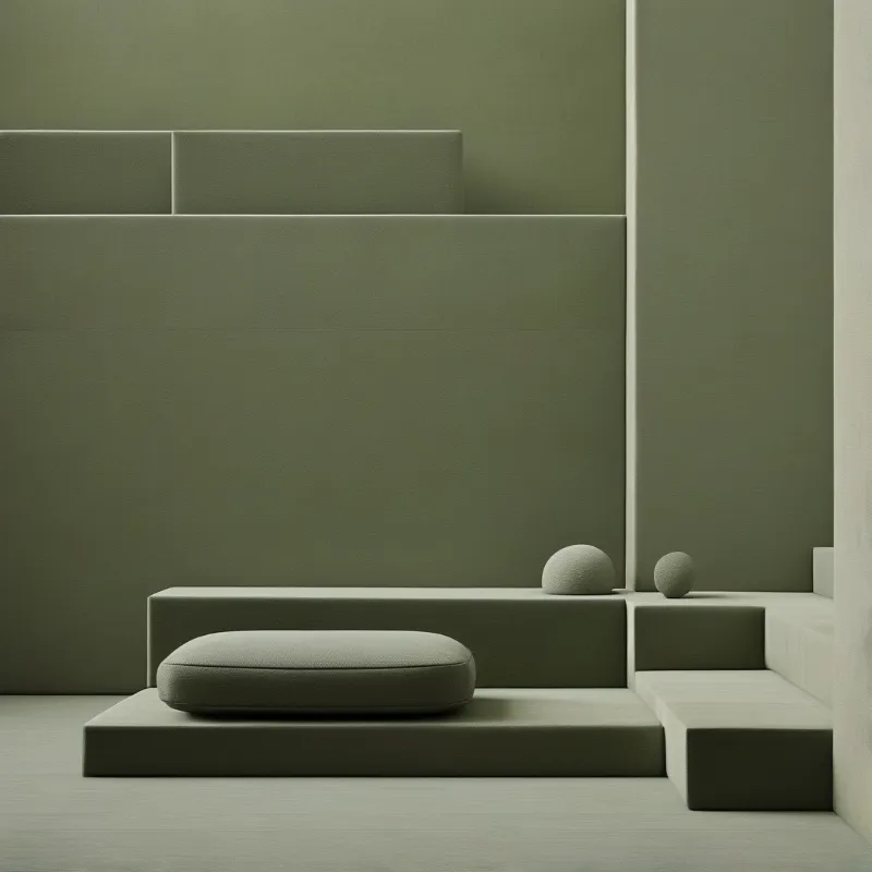 A rounded green cushion rests on a raised platform beside two spheres in a minimalist room with layered walls and muted lighting