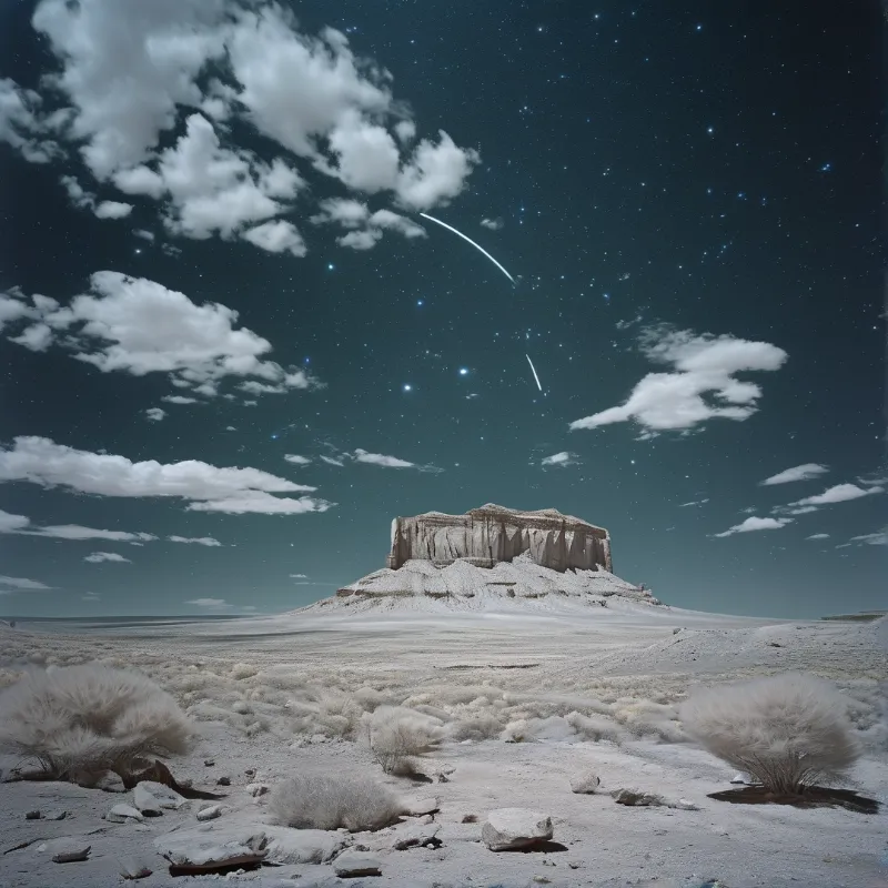 A solitary rock formation rises from a pale desert plain beneath a sky filled with stars and meteors.