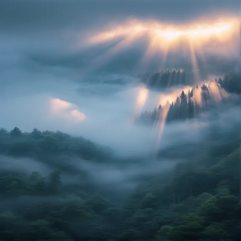 Sunbeams Through Misty Forest