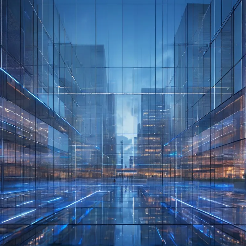 Tall glass skyscrapers frame a wet reflective street, mirroring blue neon lines and warm interior lights in hazy dusk light.