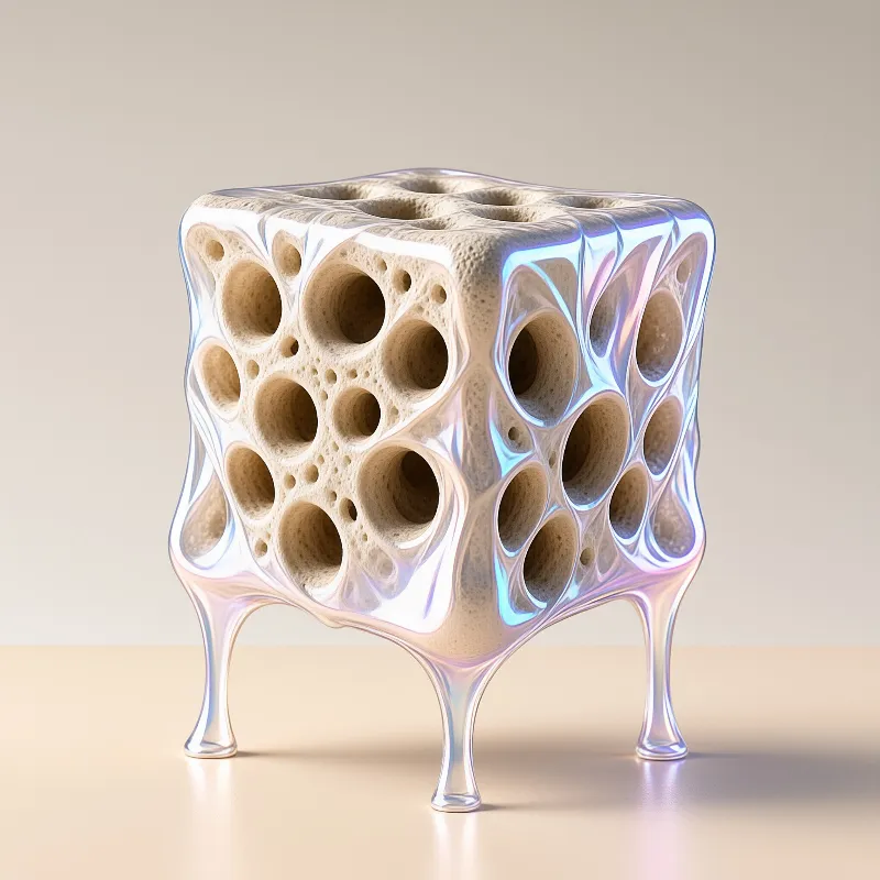 A translucent iridescent block honeycombed with round cavities stands on dripped glass feet against a studio backdrop.
