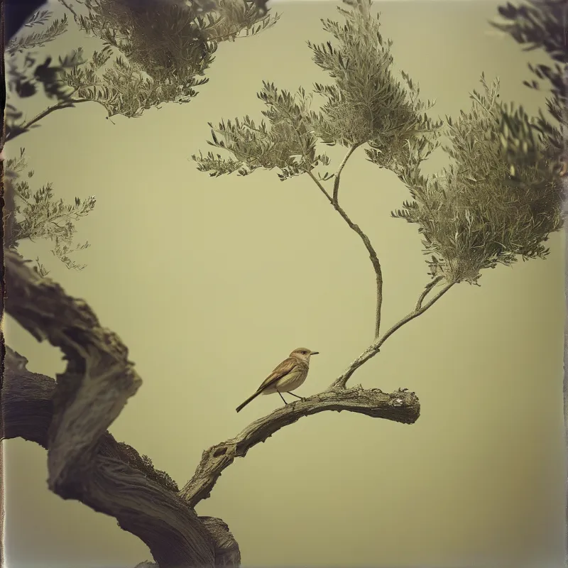 A small brown bird sits on a rough branch surrounded by feathery leaves against a plain beige background.