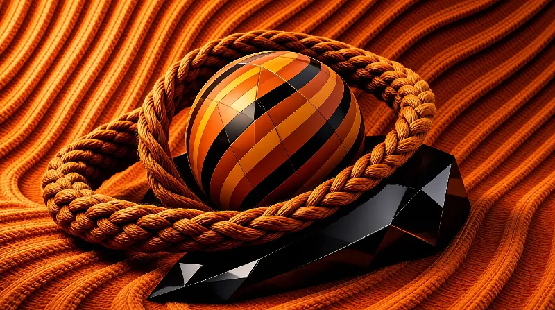 A glossy striped sphere rests on a geometric base, encircled by thick braided rope on a ribbed textured surface.