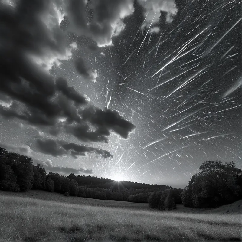 Black and white star trails radiating across the night sky above a grassy field and dark treeline.