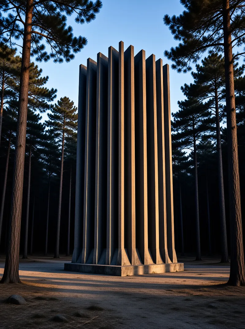 Tall ribbed concrete columns stand in a pine forest illuminated by warm low angle sunlight.