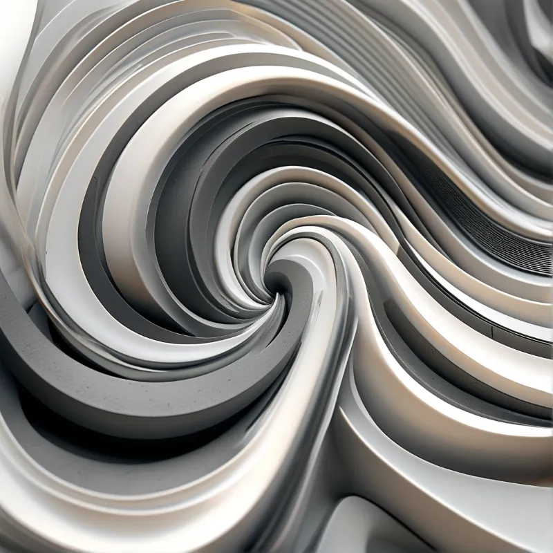 A monochromatic spiral sculpture twisting inward with soft shadows defining the layered curves.