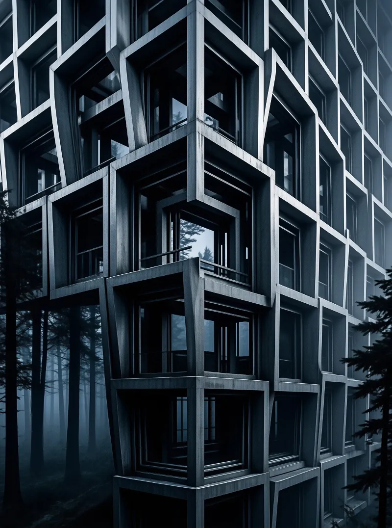 Angular cast concrete frames stack across a dark modernist facade while mist softens the pine trunks behind it