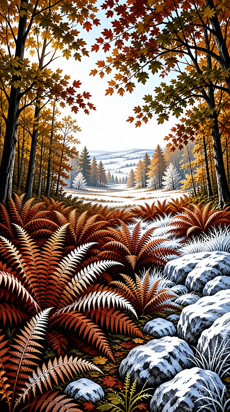 Large orange ferns line a snowy forest path leading toward sunlit hills in the distance.