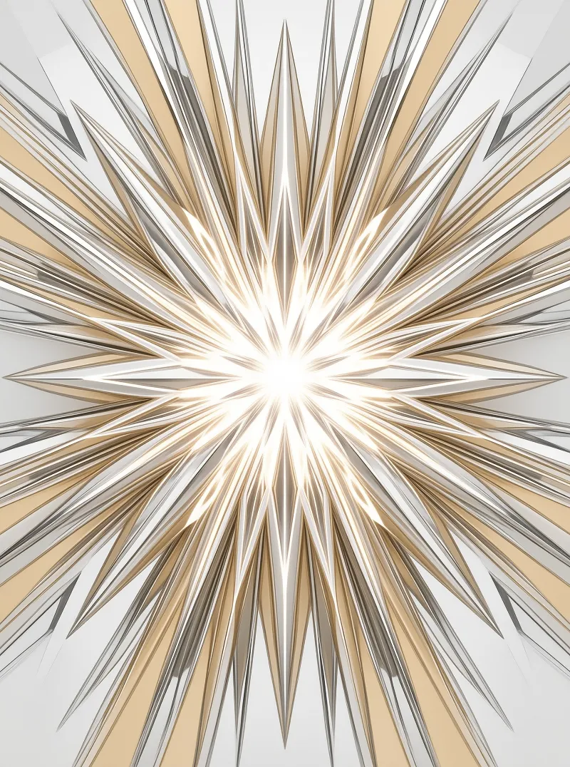 Sharp silver and gold spikes radiate from a bright center in a symmetrical geometric design.