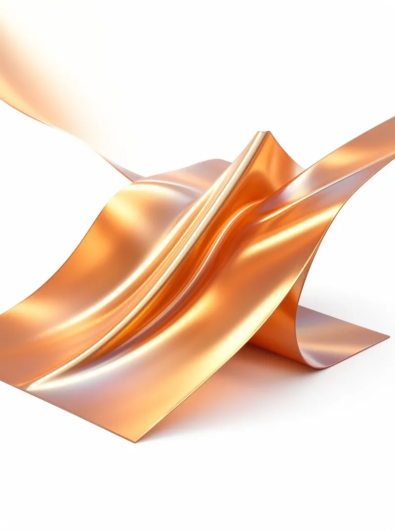 A smooth metallic copper sheet bends and curves against a plain white space with soft highlights.