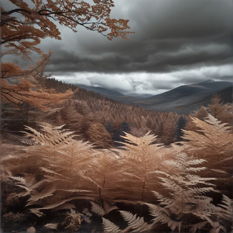 A landscape featuring tall dried ferns in the foreground with a dense golden forest covering rolling hills beneath a heavy overcast sky.