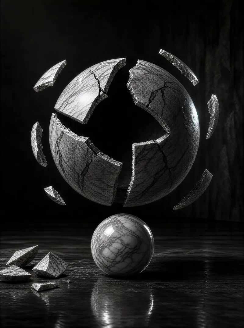 A shattered marble sphere with floating fragments, a small marble sphere on a glossy dark floor, all illuminated by dramatic lighting.