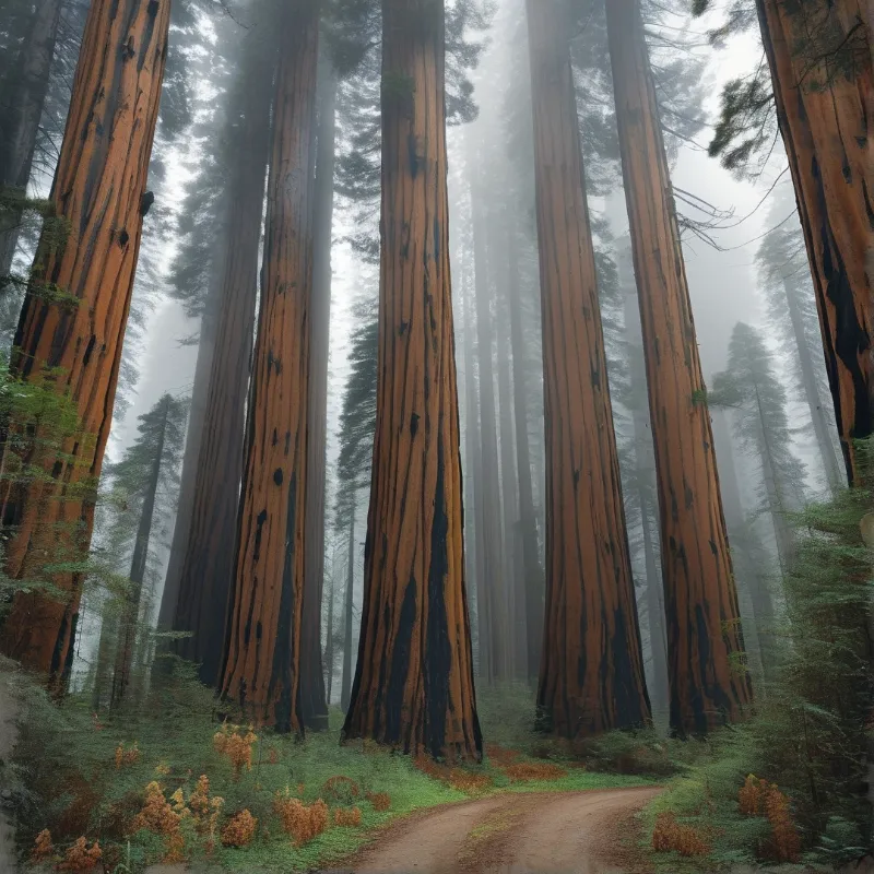 Towering redwood trunks rise through morning mist above a winding forest trail.