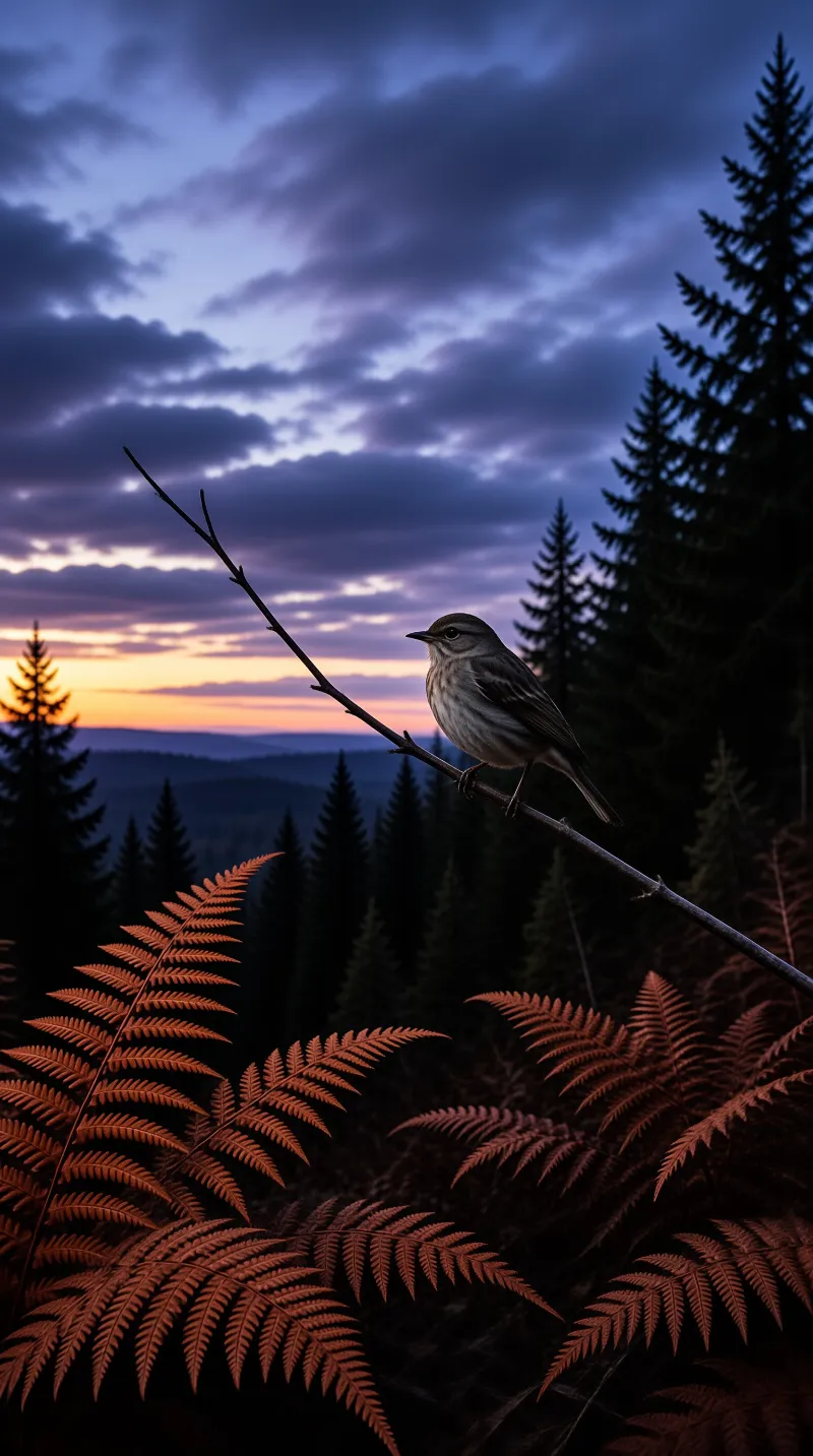 A small songbird rests on a diagonal branch surrounded by dark evergreens and glowing ferns.