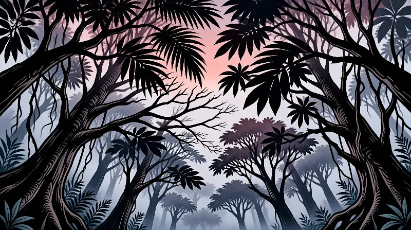 Stylized illustration of dark twisted branches framing a foggy blue background with a soft orange glow at the top.
