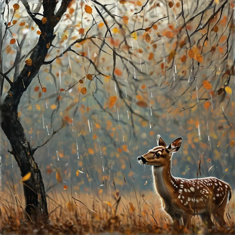 A young spotted deer stands alert among falling autumn leaves and bare tree branches in a misty, rainy woodland setting.