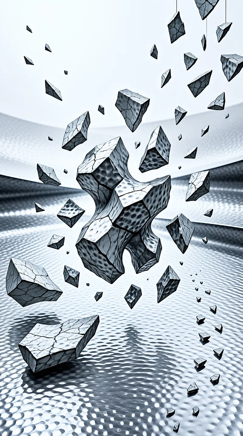A fractured stone cube hovers above a rippled liquid-like surface with debris floating in the air.