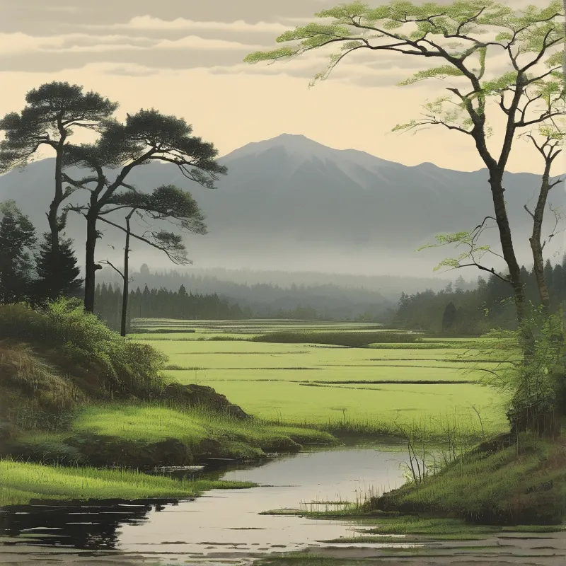 Flooded green rice fields mirror the sky as they stretch toward fog veiled mountains beneath a pale amber light