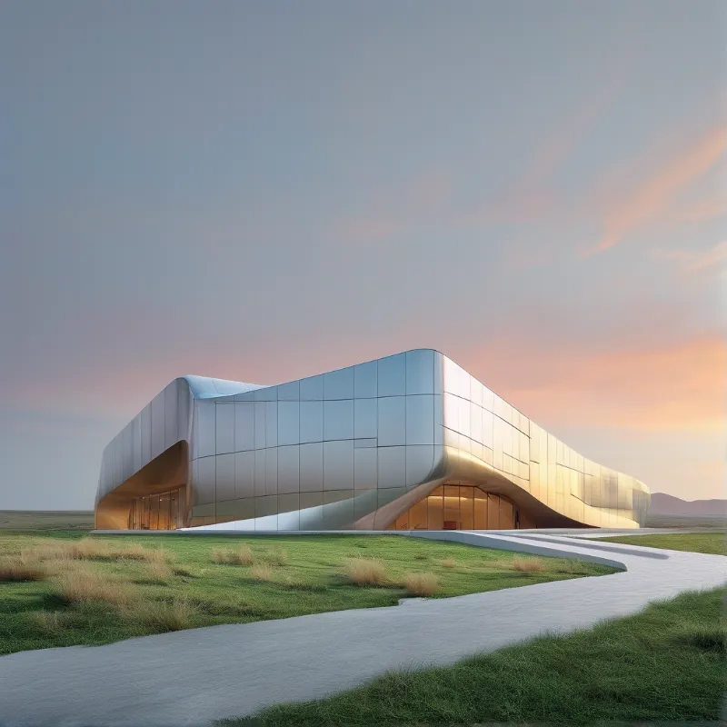 A sleek white architectural structure rests on a green plain beneath a colorful twilight sky.