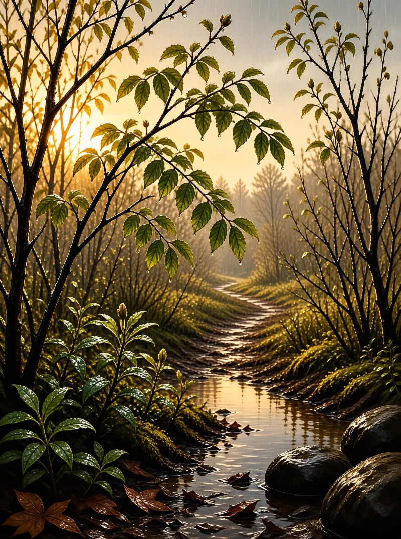 Sunlight filters through wet spring branches above a winding forest creek reflecting golden light on mossy stones.