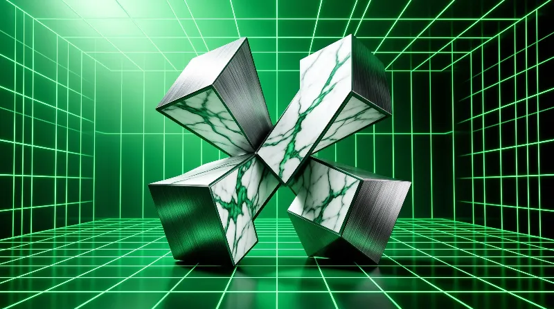 A white and green marble cross with metal edges stands inside a room made of bright neon green grid lines.