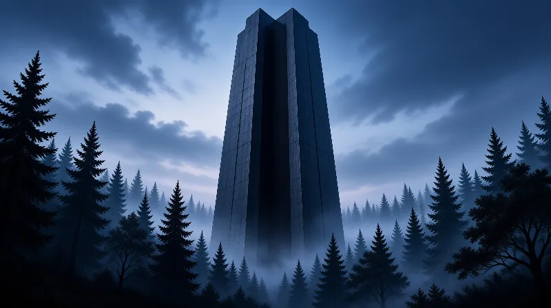 A towering grey stone monolith pierces low fog in a dark coniferous forest under dim blue twilight skies.