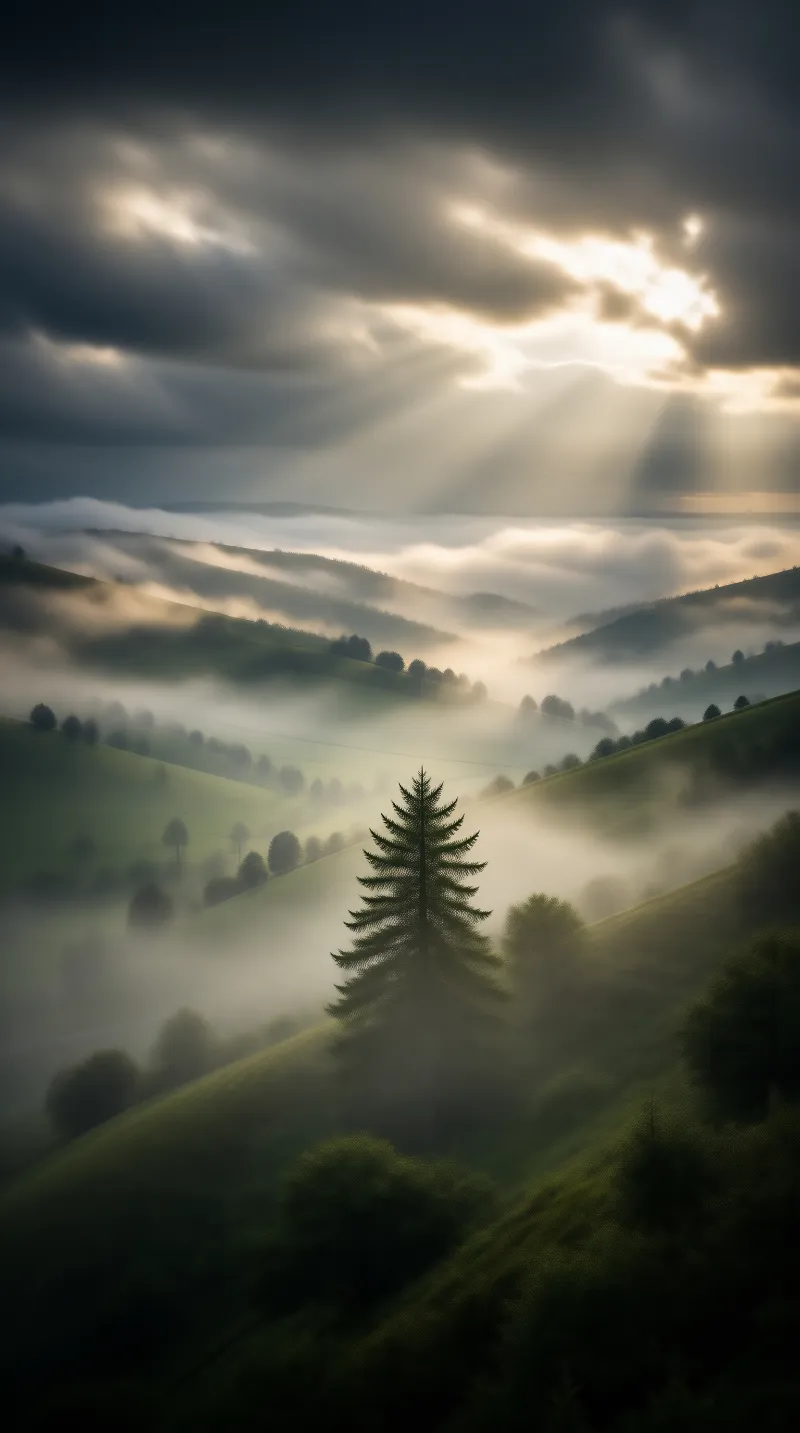 Lone Pine in Misty Valleys Landscape