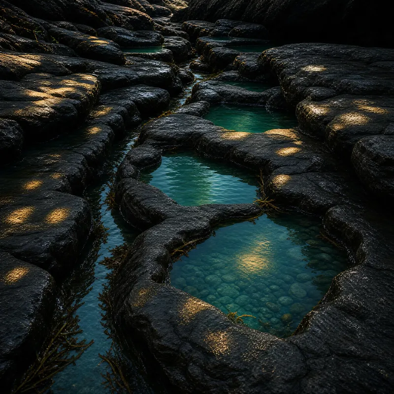 Dark textured rocks form shallow pools of clear turquoise water, with golden sunlight reflecting off wet surfaces