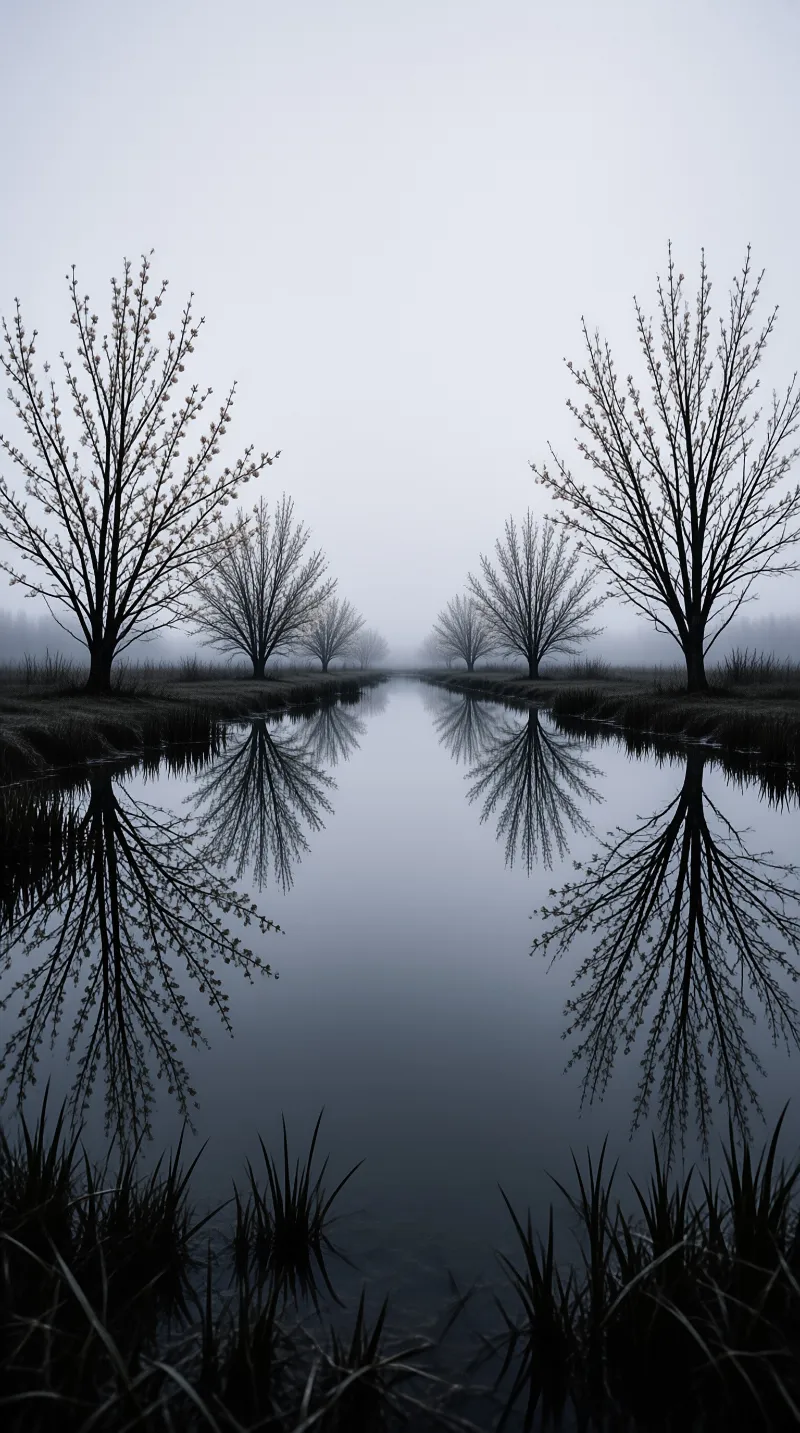 A line of leafless trees borders a still waterway, creating a symmetrical reflection in the misty grey channel.