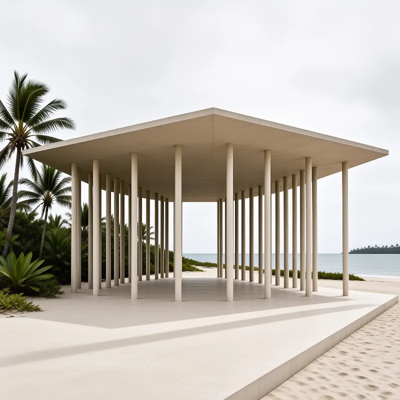 A white pavilion with slender columns stands on a sandy beach near palm trees and the calm ocean.