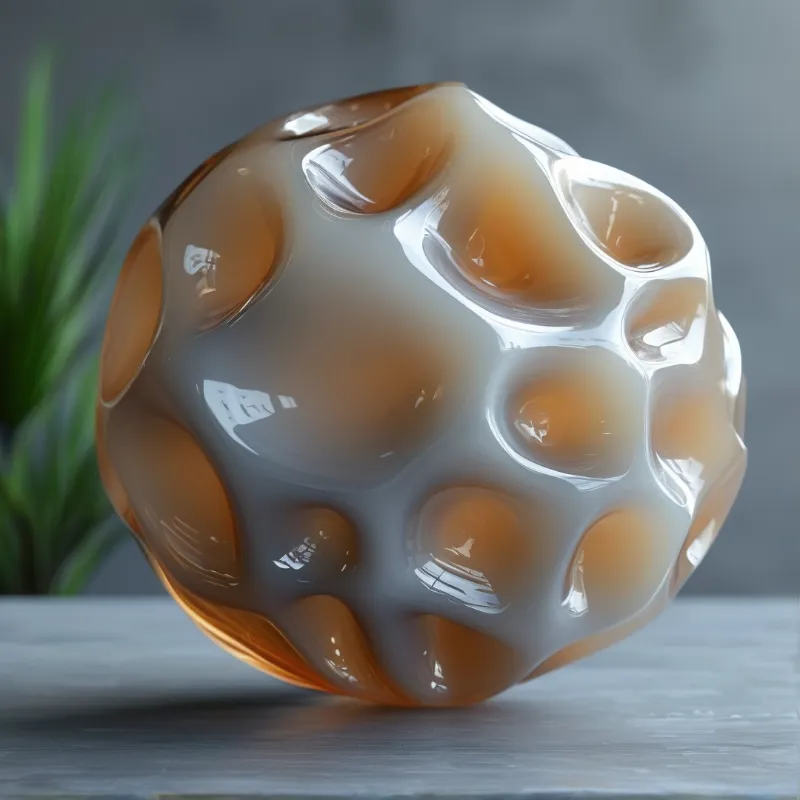 A glossy amber and white translucent object with a dimpled surface sits on a grey table next to a blurred green plant.