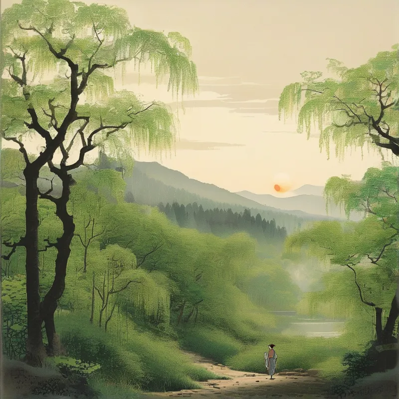 A person walks a dirt path through green willows with a sun over distant mountains.