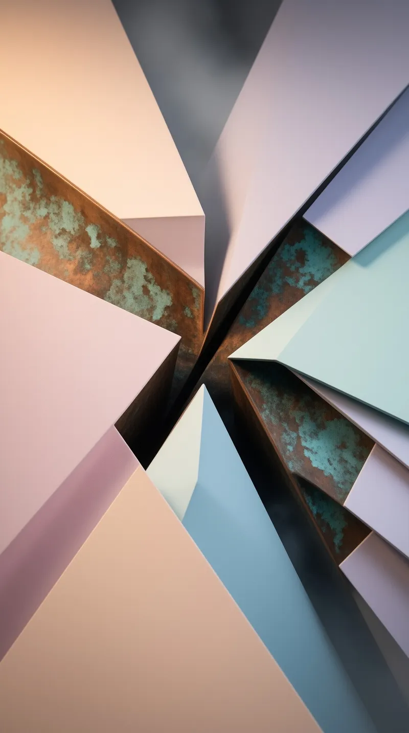 Bronze surfaces with green oxidation contrast smooth pastel pink and blue geometric planes radiating outward.