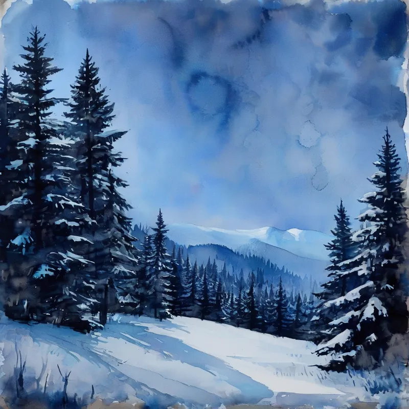 A blue toned watercolour of snow laden conifers in a mountain valley under hazy overcast skies, distant snow capped peaks fade softly